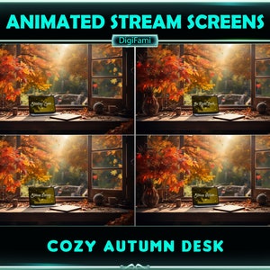 ANIMATED Twitch Stream Overlays Autumn PC Desk, Working Desk in Fall Animated Stream Screens for Streamers, OBS, Streamlabs