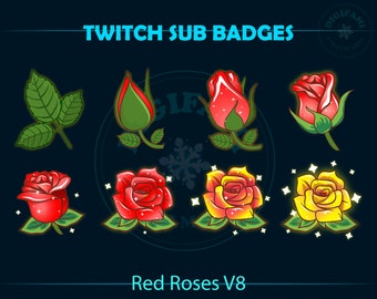 8 Red Roses Twitch Sub Bit Badges, 8 Jolies Red Roses Twitch Sub Badges, Kawaii Sub Badges pour Streamers, YouTubers, Titokers, OBS