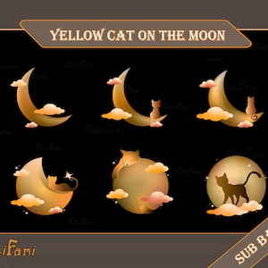 Yellow Cat and Moon Twitch Sub Bit Badges for Streamers / Gold Cat Moon Twitch Sub Badges / Kawaii Moon and Cat Collection