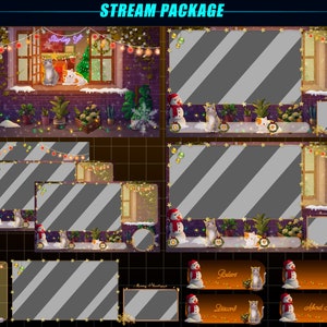 Animated Twitch Overlay Package Cats by Xmas Window, Christmas Cats under Falling Snow Animated Twitch Overlay for Streamer, OBS, Streamlabs