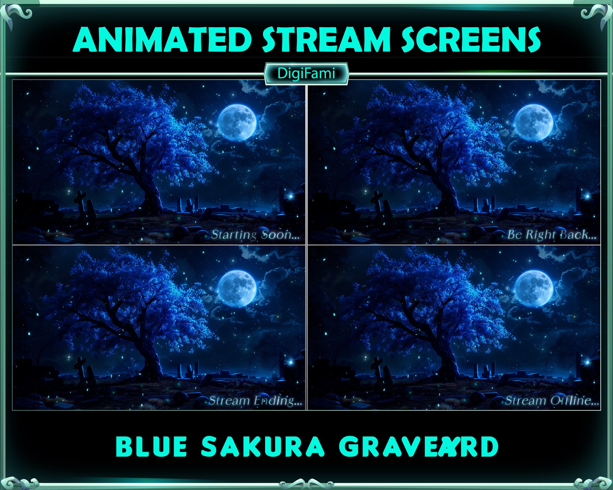 ANIMATED Twitch Stream Overlays Dark Blue Sakura Graveyard, Horror ...