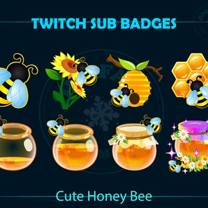 May include: A set of Twitch sub badges featuring a cute cartoon honey bee in various poses. The badges include a bee on a sunflower, a bee in a honeycomb, a bee in a jar of honey, and a bee flying with a jar of honey. The text "Twitch Sub Badges" and "Cute Honey Bee" are also included in the image.