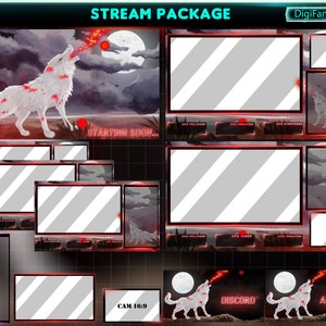 White Fire Wolf Animated Stream Overlay Package, Burning White Wolf Twitch Overlay Package for Streamers, VTubers, OBS
