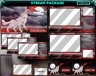 White Fire Wolf Animated Stream Overlay Package, Burning White Wolf Twitch Overlay Package for Streamers, VTubers, OBS