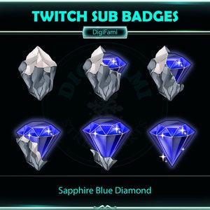 Może przedstawiać: Grafika przedstawiająca odznaki subskrypcji Twitch. Odznaki to szafirowe niebieskie diamenty z szarą kamienną obwódką. Wyświetlany jest tekst "TWITCH SUB BADGES" i "Sapphire Blue Diamond".
