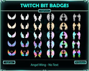 Peut inclure: Un ensemble de 30 badges Twitch bit représentant des ailes d'ange dans différentes couleurs, notamment le blanc, l'or, le rose, le bleu et l'arc-en-ciel. Les badges sont disposés en rangées sur un fond noir. Le texte "Twitch Bit Badges" et "Angel Wing - No Text" est affiché en haut et en bas de l'image, respectivement.