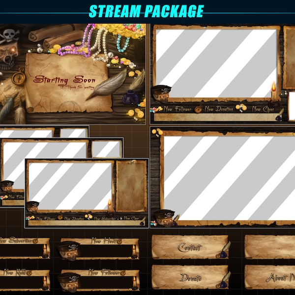 Animated Twitch Overlay Package Pirate Desk / Pirate Treasure Animated Stream Package / Streamers, Vtubers, OBS, Tiktok, YouTubers