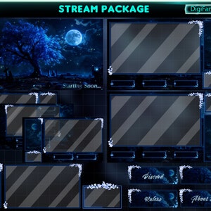 Pode incluir: Um pacote de streaming Twitch azul e preto com um fundo de céu noturno, uma árvore e uma lua. O pacote inclui uma tela de início, uma caixa de bate-papo, um botão do Discord, um botão de regras e um botão sobre mim.