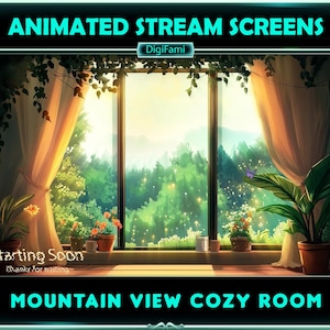 ANIMATED Twitch Overlays Mountainous Cozy Room, Mountain-viewd Room Animated Stream Screen Overlays for Streamers, OBS, Streamlabs