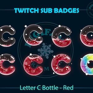 May include: A set of Twitch sub badges featuring the letter "C" in a bottle design. The badges are in various shades of red and rainbow, with a dark background and the text "Twitch Sub Badges" at the top.