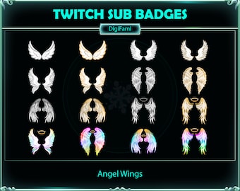Peut inclure: Un ensemble de 12 badges d'abonnement Twitch représentant des ailes d'ange dans différentes couleurs, notamment le blanc, l'or, l'argent et l'arc-en-ciel. Les badges sont disposés en quatre rangées de trois, avec le texte "Twitch Sub Badges" et "DigiFami" en haut et "Angel Wings" en bas.