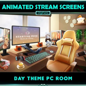 Daily PC Room Animated Twitch Screen Overlays, Cozy PC Room Stream Overlays, Daily Game Room Twitch Overlay for Streamers - Day Ver