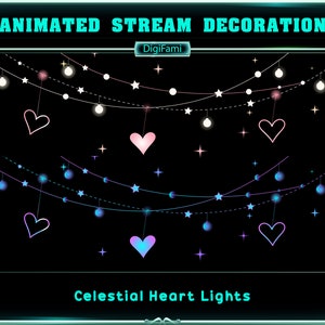 Könnte beinhalten: Animierte Stream-Dekoration mit schwarzem Hintergrund und zwei Lichterketten. Die obere Kette hat weiße Lichter und rosa Herzen, während die untere Kette blaue Lichter und blaue Herzen hat. Der Text "Celestial Heart Lights" befindet sich am unteren Rand des Bildes.