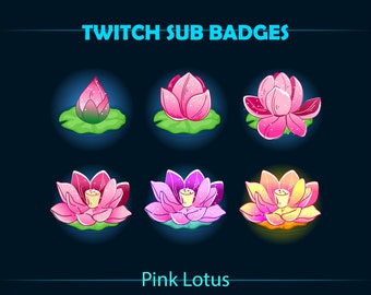May include: Six different Twitch sub badges featuring a pink lotus flower in various stages of bloom. The badges are designed in a cartoon style with a glowing effect. The text "Twitch Sub Badges" and "Pink Lotus" are displayed at the top and bottom of the image.