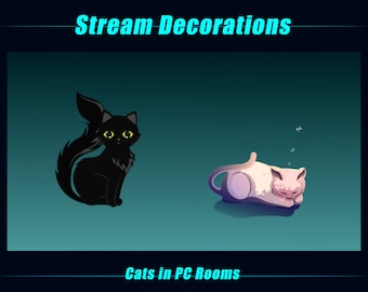 Animierte Twitch Stream Dekoration, Schlafende weiße Katze und schwarze Katze Twitch Dekoration, Kitten Stream Deko für Streamer, OBS, Streamlabs