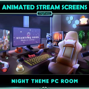 Daily Night PC Room Animated Twitch Screen Overlays, Cozy Night PC Room Stream Overlays, Daily Game Room Twitch Overlay for Streamers