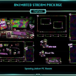 May include: An animated stream package titled Spooky Joker PC Room by DigiFami, featuring a dark theme with neon paint splatters, skull characters, and clown motifs. Includes overlays, panels, and alerts with Game Time text in vibrant purple, green, and pink colors.