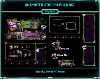 Scary Joker PC Desk Animated Stream Package, Halloween Spooky Joker PC Desk Animated Twitch Overlays Package for Streamers