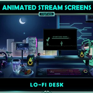 May include: A digital illustration of a gamer's desk with a computer monitor displaying a 'Starting Soon...' message with a dinosaur character. The desk has a keyboard, a mouse, a headset, a glass of water, a plate of fruit, and a computer tower. The background is a cityscape at night.