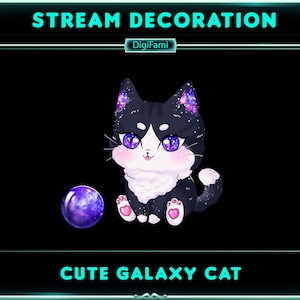 Geanimeerde Galaxy Black Cat Twitch-decoratie, Galaxy Black Cat Stream-decoraties, Galaxy Kitten Stream-decor, Galaxy Ball Stream-decoratie