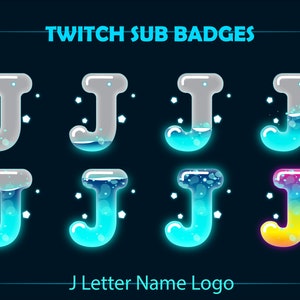 Insignias de Twitch de la letra J, insignias de Twitch de la botella de la letra J líquida para serpentinas, Discord, logotipo del nombre de la letra J azul, insignias de bits de Twitch