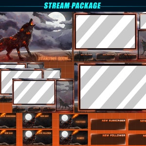 ANIMATED Twitch Fire Wolf Stream Overlay Package / Burning Wolf Twitch Stream Package for Streamers, VTubers, OBS