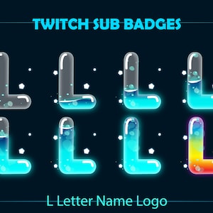 文字 L の Twitch サブバッジ、ストリーマー向けの液体文字 L ボトル Twitch サブバッジ、Discord、青い文字 L の名前ロゴ、Twitch ビットバッジ
