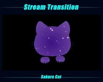 Może przedstawiać: Sylwetka fioletowego kota z białymi, kwiatowymi kształtami na ciele. Kot jest odwrócony tyłem do widza i ma czarne tło. Tekst "Stream Transition" znajduje się w górnej części obrazu, a "Sakura Cat" w dolnej.
