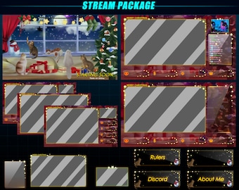 Paquete de superposición animada de Twitch Gatos de Navidad en una habitación acogedora, Superposición de Twitch animada de gatos navideños cayendo nieve para Streamer, OBS, Streamlabs