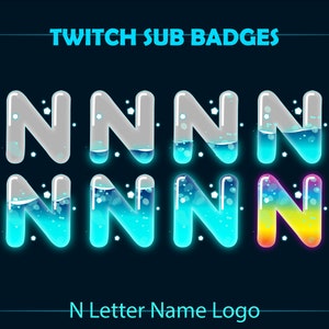 Insignias de Twitch de Letter N, insignias de Twitch de Liquid Letter N Bottle para streamers, Discord, logotipo de nombre de letra N azul, insignias de Twitch Bit