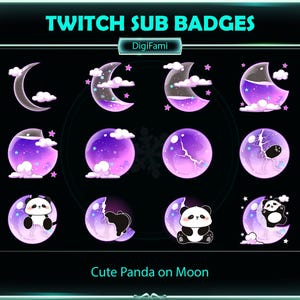 Lindo Panda en Purple Liquid Moon Twitch Sub Badges, Lindo Panda en Purple Moon Bottle Twitch Sub Badge para Streamers, YouTubers