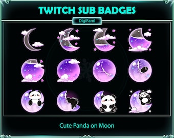 Panda fofo na lua líquida roxa Twitch Sub Badges, Panda fofo na garrafa da lua roxa Twitch Sub Badge para streamers, YouTubers