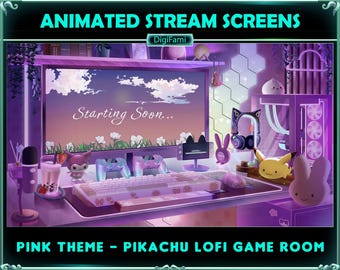 Lofi PC Room Animated Twitch Overlays, Lofi Pink Blue Game Room Stream Screen Overlays for Streamers, OBS, StreamLabs