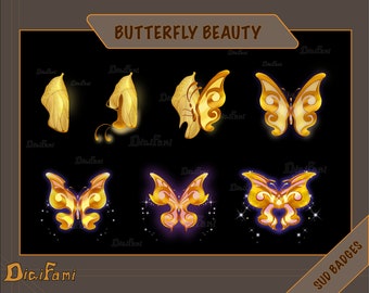 Puede incluir: Una ilustración digital titulada "Butterfly Beauty" que muestra la metamorfosis de una mariposa. La imagen presenta una serie de crisálidas doradas y mariposas estilizadas con intrincados diseños de alas. El fondo es negro, con el texto "SUD BADGES".