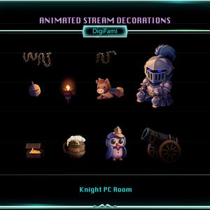 May include: Animated stream decorations with a knight theme. The image features various digital illustrations, including a knight, a horse, a cannon, a treasure chest, a beer mug, and an owl. The text "Animated Stream Decorations" and "Knight PC Room" are also visible.