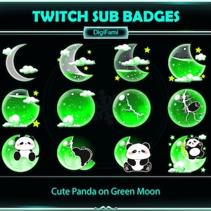 Cute Panda on Green Liquid Moon Twitch Sub Badges, Cute Panda on Green Moon Bottle Twitch Sub Badge for Streamers, YouTubers