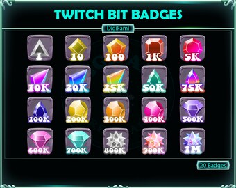 May include: A collection of 20 Twitch Bit Badges with various gem designs and point values. The badges range from a simple ace of spades to complex gem shapes, with values from 1 to 1M. The text "TWITCH BIT BADGES" is at the top.