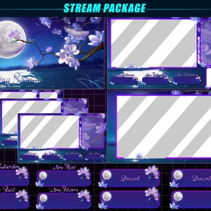 Animated Twitch Overlay Package Sakura Lake / Night Cherry Blossom Stream Package / Streamers, Vtuber Overlay, OBS, Streamlabs