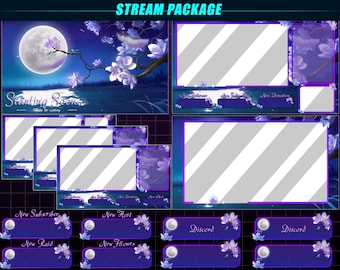 Animated Twitch Overlay Package Sakura Lake / Night Cherry Blossom Stream Package / Streamers, Vtuber Overlay, OBS, Streamlabs