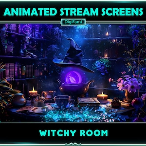 May include: An animated stream screen titled "Witchy Room" features a mystical scene. A witch's hat floats above a teapot with a glowing orb. The room is filled with candles, books, and purple flowers, creating a magical atmosphere.