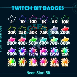 Neon Crystal Star Twitch Bit Badges, Neon Star Twitch Bit Badges, Crystal Star Bottle Bit Badges for Streamers, Discord, YouTubers
