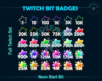 ネオン クリスタル スター Twitch ビット バッジ、ネオン スター Twitch ビット バッジ、ストリーマー、Discord、YouTuber 向けクリスタル スター ボトル ビット バッジ