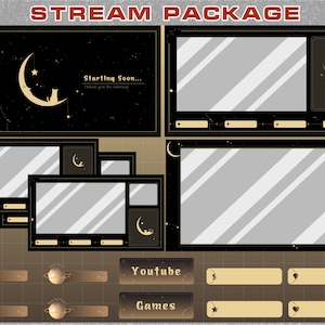 Escenas animadas Moon Cat Twitch Overlay Package / Black Celestial Stream Package / Vtuber Overlay, OBS / Gold Moon Stars / Gold Cat