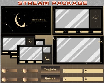 Animated Scenes Moon Cat Twitch Overlay Package / Black Celestial Stream Package / Vtuber Overlay, OBS / Gold Moon Stars / Gold Cat