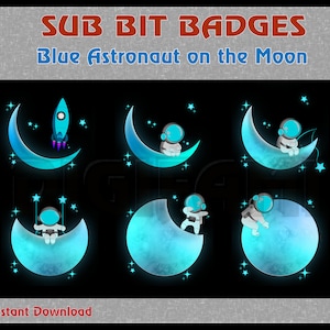 Twitch 用ライトブルーの Astronaut on the Moon サブバッジ / ストリーマー用 Spaceman Twitch サブバッジ