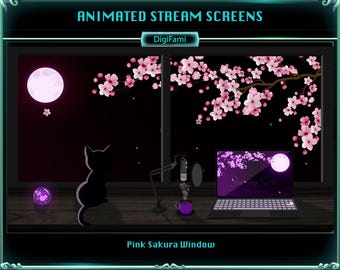 ANIMATED Stream Overlays Cute Kitten by Sakura Window, Cozy Sakura PC Room Twitch Overlays, Sakura Kitten Screen Overlays for Streamers