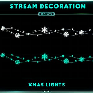 Può includere: Illustrazione digitale di due fili di luci natalizie su sfondo nero. La fila superiore è bianca con fiocchi di neve e punti. La fila inferiore è verde acqua con fiocchi di neve e punti. Il testo in alto recita "STREAM DECORATION" e in basso "XMAS LIGHTS".