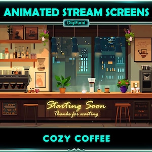 Könnte beinhalten: Animierter Stream-Bildschirm mit einer gemütlichen Kaffeebar-Szene mit einer Theke, Kaffeemaschinen und einem Fensterblick auf eine Stadtlandschaft bei Nacht. Der Text "Starting Soon" und "Thanks for waiting" wird auf einem gelben Schild angezeigt. Der Text "Cozy Coffee" wird am unteren Rand des Bildschirms angezeigt.
