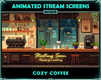 ANIMIERTE Twitch Overlays Cozy Cafe, Cozy Cafe animierter Stream Bildschirm Overlays für Streamer, OBS, Streamlabs