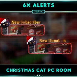 Christmas Black Cat Animated Twitch Alerts, Animated Black Cat in Christmas PC Room Twitch Alerts, Winter Alerts for Streamers, OBS, Vtubers